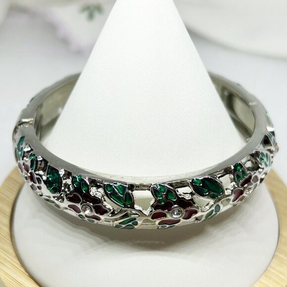 Hinged Bangle Bracelet w Green & Red Enamel Floral Accents & Clear Crystals - Picture 7 of 7